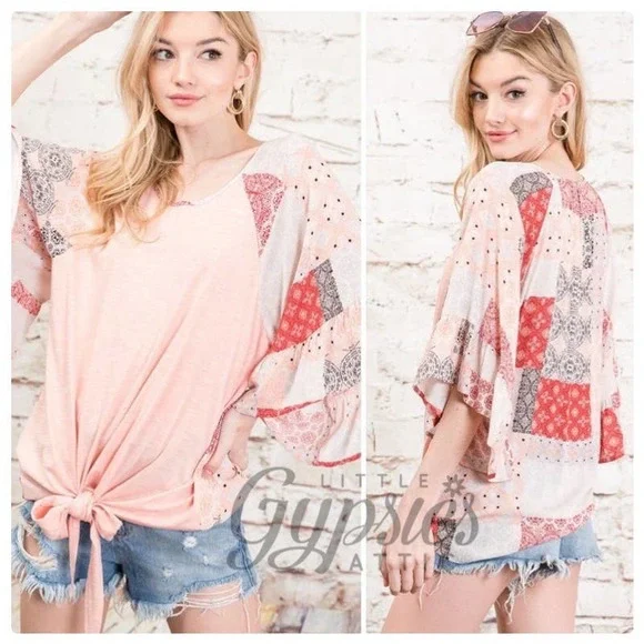 Big Bell Patchwork Sleeves Bohemian Top - Picture 3 of 9